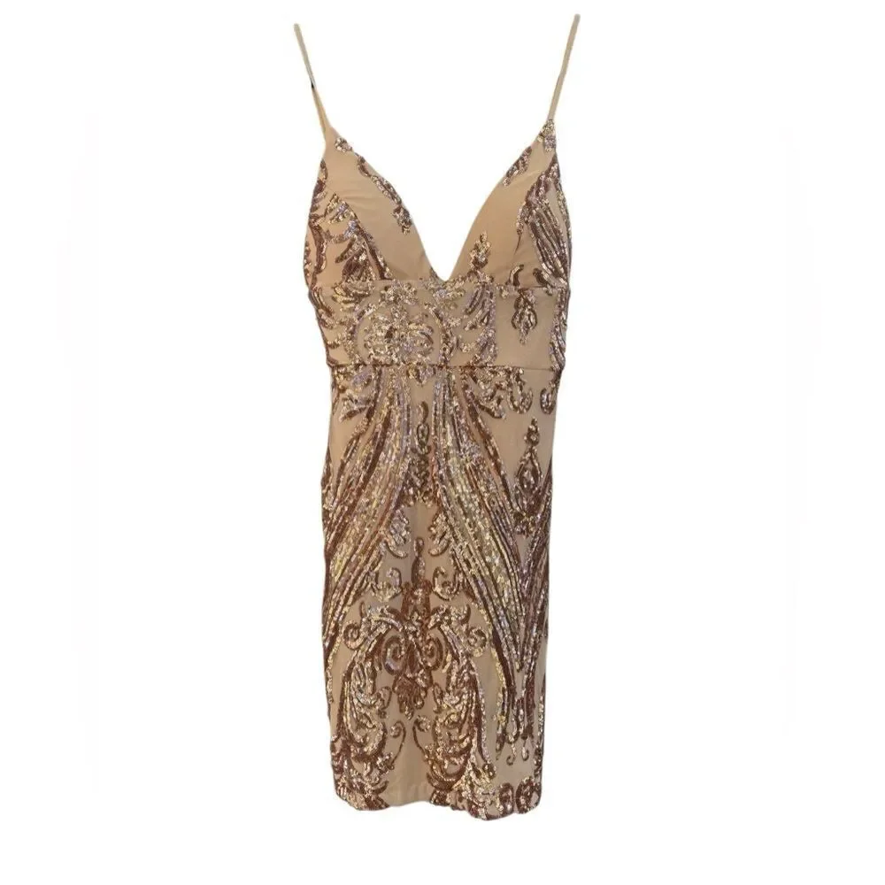 Fashion Nova Women's Rose Gold Neutral Sequin Deep V Mini Dress Size Medium